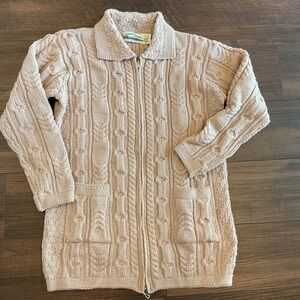 Aran Crafts Ireland 100% Merino Wool Cable Knit Zip Cardigan Sweater sz S Beige